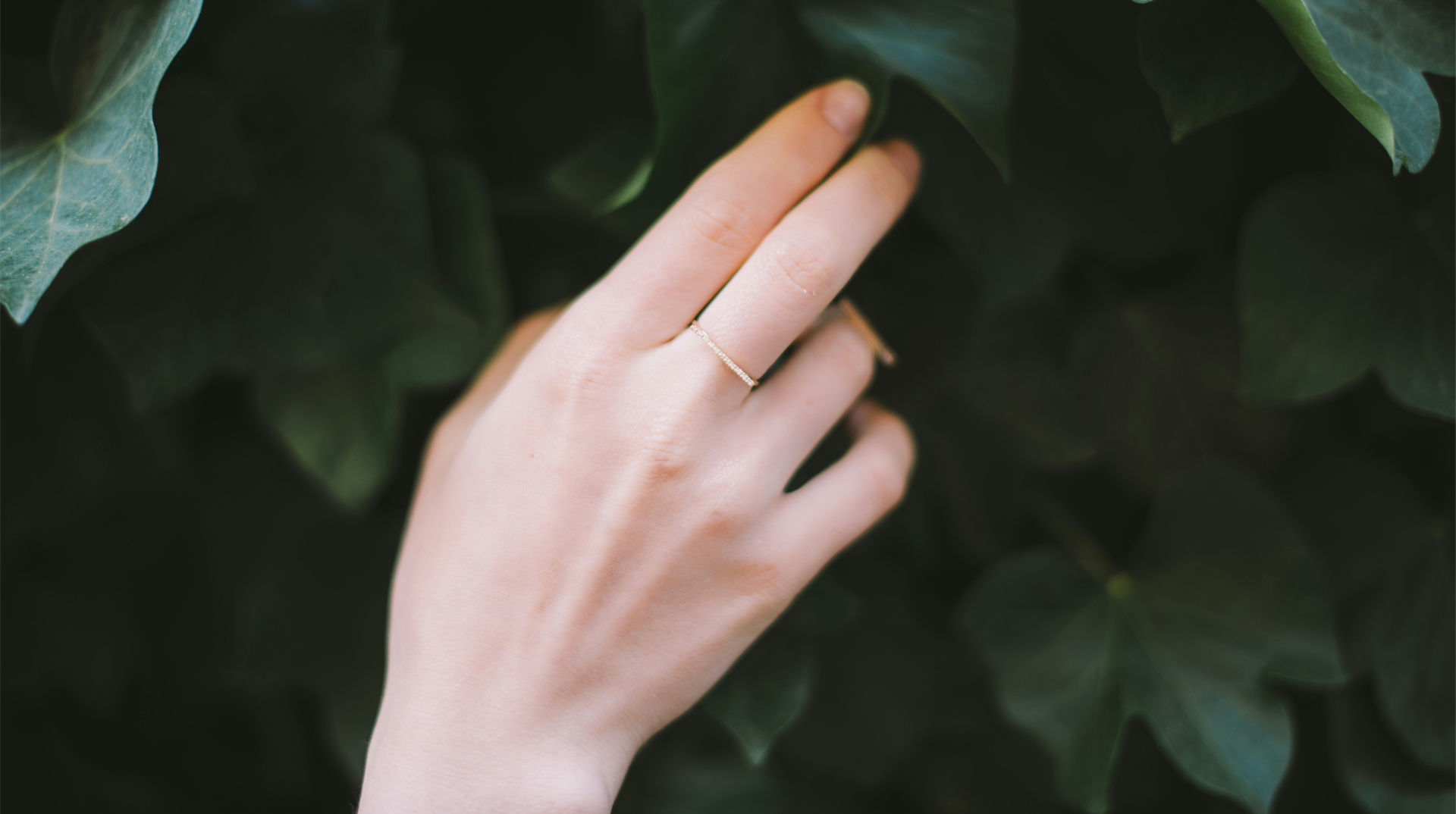 葉の中に手中指にエタニティーリング